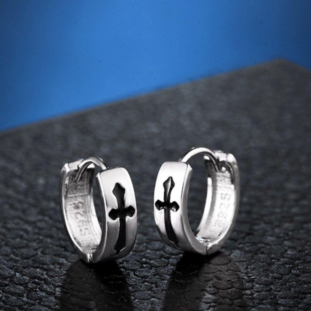 💙💕Last one Black Cross Faith Huggies Hoops Earrings